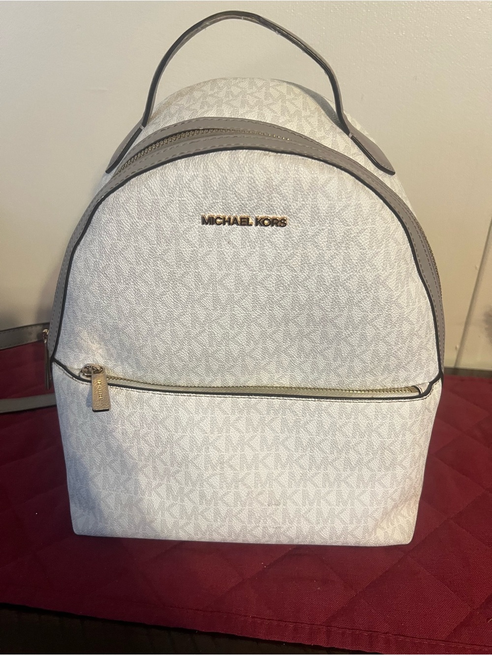 Michael Kors White Logo Backpack with Taupe Trim and Gold Hardware